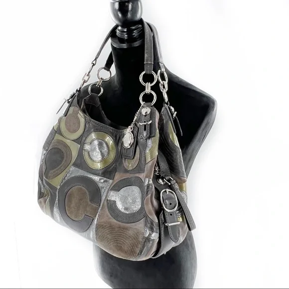 Coach Mia Inlaid C Maggie Leather & Suede Hobo Shoulder Bag, Gray/Silver/Lilac - Picture 4 of 17